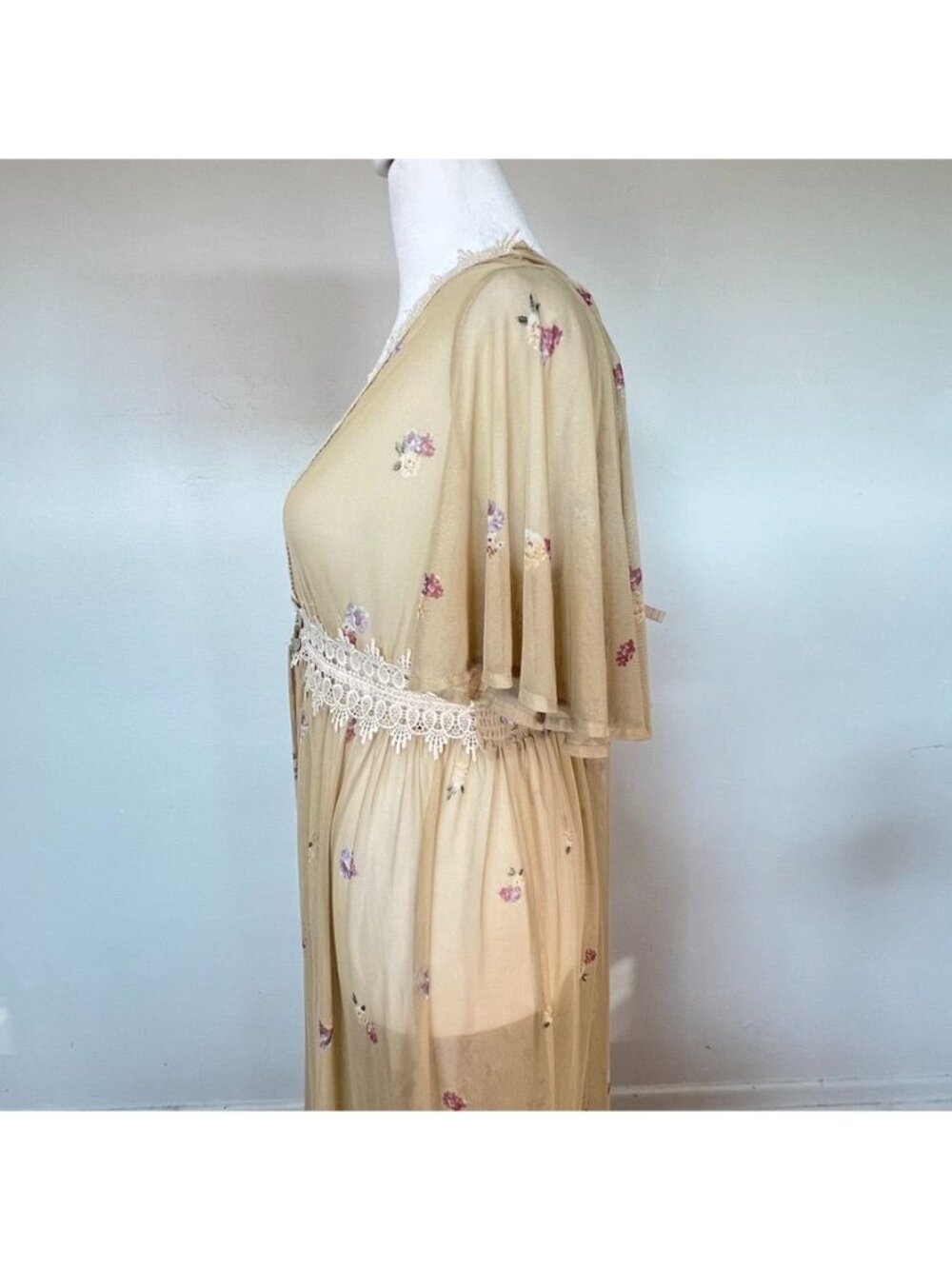 Butter Yellow Sheer Mesh Crochet Kimono Sz XL Maxi Dress Boho Country Garden - Picture 8 of 16